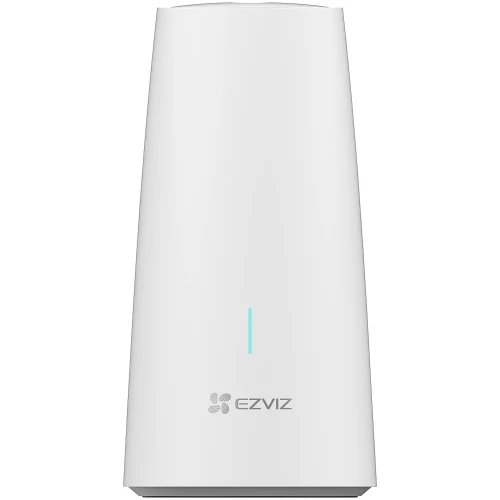 Biały, nowoczesny router marki EZVIZ o minimalistycznym designie z subtelnym, pionowym wskaźnikiem LED na przedniej części. Urządzenie ma gładką powierzchnię i stożkowaty kształt.