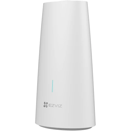 Biała, stożkowa stacja bazowa marki EZVIZ z subtelnym, pionowym wskaźnikiem LED na przedniej stronie. Logo EZVIZ znajduje się poniżej wskaźnika.