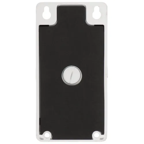 Prostokątna, czarna obudowa z białym przyciskiem pośrodku, otoczona białą ramką. Na górze i dole znajdują się otwory montażowe.