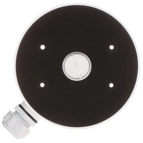 Okrągła, czarna podstawa z czterema otworami i centralnym białym elementem, z boku widoczny biały złącznik. Produkt wykonany z tworzywa sztucznego, przeznaczony do montażu technicznego.