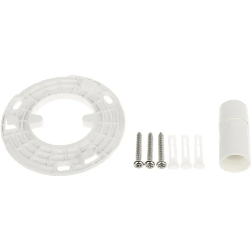 Na zdjęciu znajduje się biały, okrągły uchwyt montażowy z tworzywa sztucznego, obok którego leżą trzy metalowe śruby, trzy plastikowe kołki oraz biały element cylindryczny. Wszystkie elementy są ułożone na jasnym tle, co podkreśla ich detale i kształty.