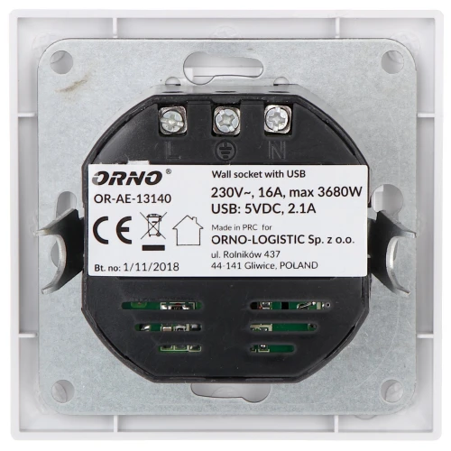 USB tápegységgel ellátott egyszemélyes aljzat OR-AE-13140 230V 16A ORNO