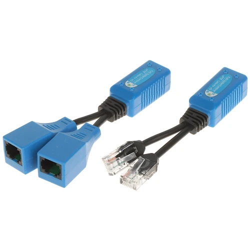 Na zdjęciu znajduje się niebieski adapter AD-UTP-2W2G z dwoma portami RJ45, przeznaczony do rozdzielania sygnału sieciowego. Adapter posiada krótkie, czarne kable zakończone wtykami RJ45.