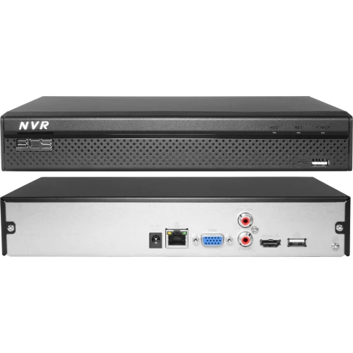 Rejestrator sieciowy BCS NVR0401X5ME-II w kolorze czarnym z przodu posiada port USB i wskaźniki LED. Tył urządzenia wyposażony jest w różnorodne złącza, w tym HDMI, VGA, audio oraz porty sieciowe.