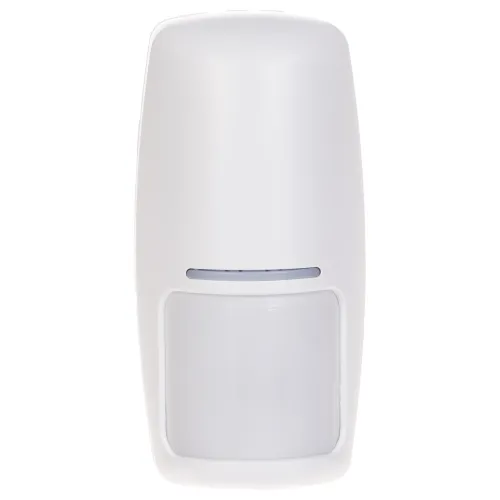 Biała, bezprzewodowa czujka PIR z prostokątnym panelem detekcyjnym na dole. Urządzenie ma minimalistyczny design z wąskim, poziomym otworem na górze.
