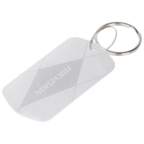 Przedstawiony produkt to brelok zbliżeniowy RFID marki Hikvision, wykonany z przezroczystego materiału z widocznym logo. Brelok posiada metalowe kółko do łatwego mocowania.