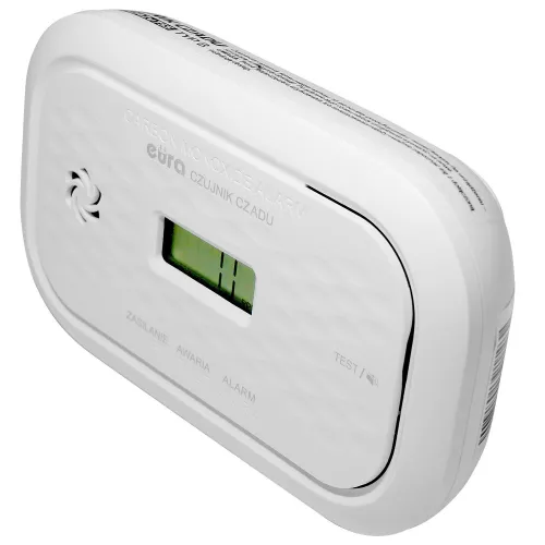 Biały czujnik czadu marki Eura z wyświetlaczem LCD pokazującym wartość "11". Urządzenie posiada przyciski testu i sygnalizacji dźwiękowej oraz oznaczenia dotyczące zasilania i alarmu.