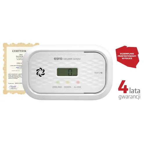 Na zdjęciu znajduje się biały czujnik czadu marki Eura z wyświetlaczem LCD, pokazującym wartość 0 ppm. Obok urządzenia widoczny jest certyfikat oraz informacja o 4-letniej gwarancji.