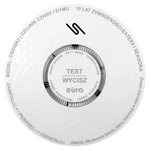 Na zdjęciu znajduje się biały czujnik czadu i dymu marki Eura, model CSD-3932, z centralnym przyciskiem testowym i wyciszającym. Urządzenie posiada oznaczenia dotyczące instalacji oraz informacji o żywotności baterii i sensora.