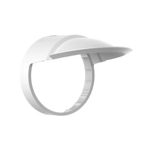 Biały daszek ochronny o nowoczesnym, zaokrąglonym kształcie, przeznaczony do montażu na kamerach. Produkt wykonany jest z tworzywa sztucznego i ma gładką powierzchnię.