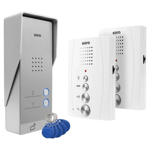 EURA ADP-62A3 kaputelefon - fehér, kétszobás, hangszórós, 2 bejárat kezelése, RFID olvasó
