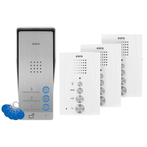 EURA ADP-63A3 kaputelefon - fehér, háromcsaládos, hangszórós, 2 bejárat kezelése, RFID olvasó