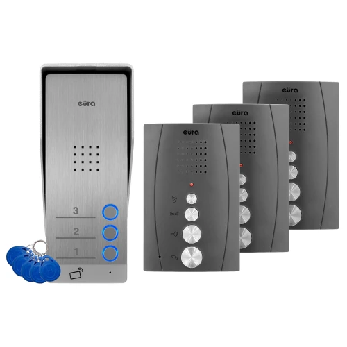 EURA ADP-63A3 kaputelefon - grafit színű, háromcsaládos, hangszórós, két bejárat kezelése, RFID olvasó