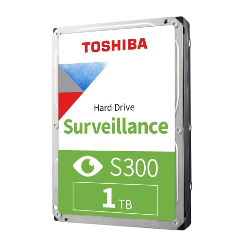 Na zdjęciu znajduje się dysk twardy Toshiba S300 o pojemności 1 TB, przeznaczony do monitoringu. Etykieta dysku jest w kolorach białym, zielonym i niebieskim, z wyraźnym napisem "Surveillance".