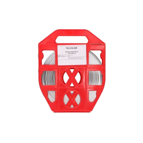 Czerwona plastikowa szpula z nawiniętą stalową taśmą, oznaczona etykietą "TELCOLINE Stainless Steel Strap". Szpula ma prostokątny kształt z uchwytem na górze i widocznymi otworami w kształcie litery X.