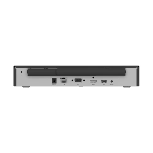 Zdjęcie przedstawia tylny panel rejestratora IP Ezviz X5S-8W z różnymi portami, w tym złączem LAN, HDMI, USB i VGA. Urządzenie ma prostokątny kształt i jest w kolorze srebrnym z czarnymi elementami.