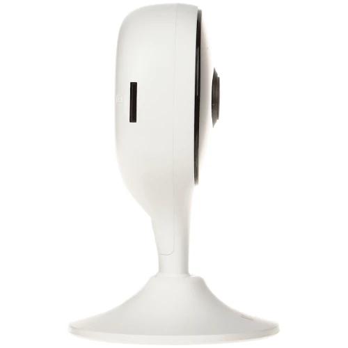 Biała kamera monitorująca z wbudowanym gniazdem na kartę pamięci, widoczna z profilu. Urządzenie ma elegancki, nowoczesny design i stoi na stabilnej podstawie.
