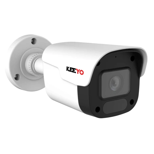 Biała kamera monitoringu marki KEEYO z czarnym frontem i obiektywem, zamontowana na ściennym uchwycie. Kamera ma nowoczesny design i jest przeznaczona do zewnętrznego monitoringu.