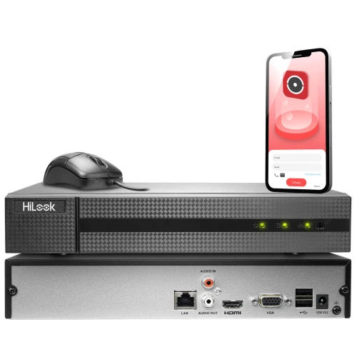Na zdjęciu znajduje się rejestrator wideo HiLook z myszką na górze oraz smartfonem wyświetlającym aplikację do monitoringu. Urządzenie posiada różne porty z tyłu, w tym HDMI, VGA, USB i LAN.