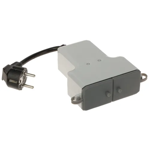 Na zdjęciu znajduje się inteligentne gniazdo elektryczne z dwoma przyciskami na szarej obudowie oraz czarnym przewodem zakończonym wtyczką. Gniazdo ma prostokątny kształt i jest przeznaczone do zdalnego sterowania urządzeniami elektrycznymi.
