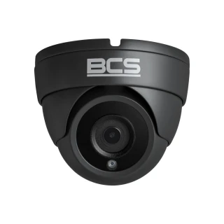 Czarna kamera kopułkowa BCS z widocznym obiektywem i logo na górze. Kamera ma nowoczesny design i jest przeznaczona do monitoringu.