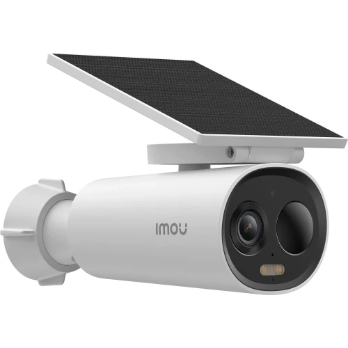 Na zdjęciu znajduje się biała kamera IP marki Imou z panelem słonecznym zamontowanym na górze. Kamera ma cylindryczny kształt i jest wyposażona w obiektyw oraz czujnik ruchu.