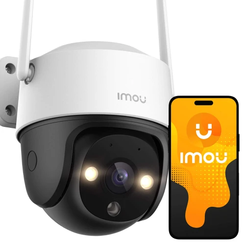 Kamera IP Imou IPC-S21FP-Cru w kolorze czarno-białym z widocznymi diodami LED i obiektywem, obok smartfon z aplikacją Imou na ekranie. Urządzenie jest zamontowane na białym uchwycie ściennym.