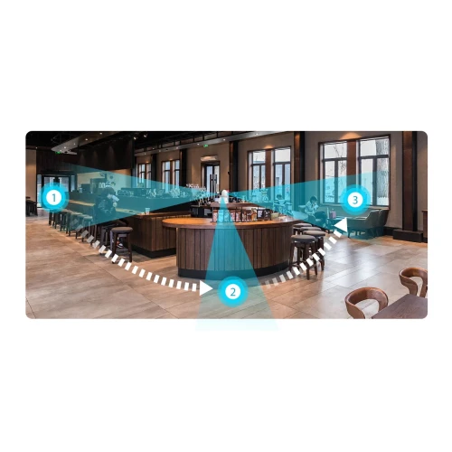 Wnętrze nowoczesnej kawiarni z drewnianym barem pośrodku, otoczonym wysokimi krzesłami. Na zdjęciu zaznaczono zasięg obrotowej kamery IP, obejmujący cały obszar lokalu.