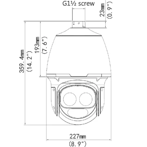 Schemat przedstawia kamerę IP sieciową obrotową z wymiarami i szczegółami montażu. Kamera IP sieciowa obrotowa ma oznaczone wymiary w milimetrach i calach.