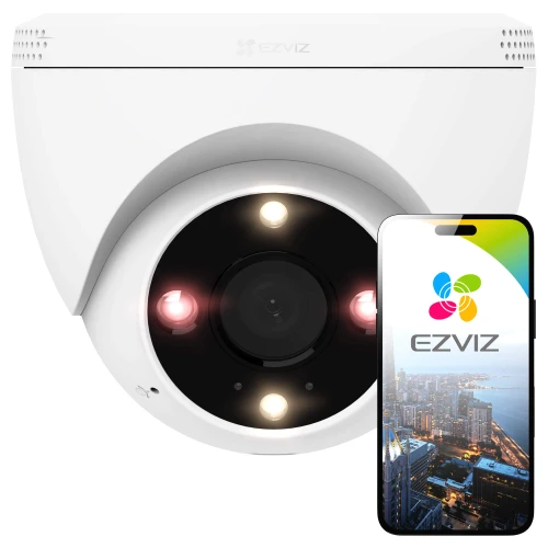 Kamera kopułkowa EZVIZ z widocznymi diodami LED i obiektywem, obok której znajduje się smartfon z aplikacją EZVIZ pokazującą widok z kamery. Urządzenie ma nowoczesny design i jest przeznaczone do monitoringu.