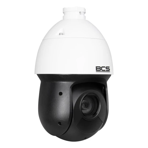 Zdjęcie przedstawia białą i czarną kamerę obrotową marki BCS z widocznym obiektywem. Kamera ma nowoczesny, aerodynamiczny kształt i jest przeznaczona do monitoringu.