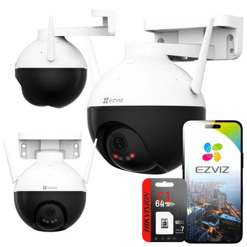 Na zdjęciu znajduje się biała, obrotowa kamera bezprzewodowa marki EZVIZ, zamontowana na ścianie, z widocznymi antenami i obiektywem. Obok kamery pokazano kartę pamięci Hikvision 64 GB oraz smartfon z aplikacją EZVIZ.