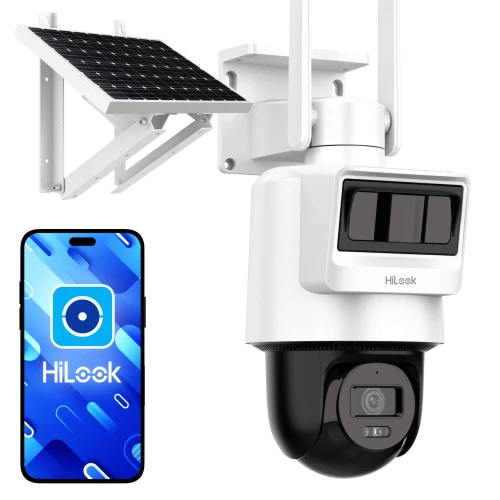 Na zdjęciu znajduje się biała kamera obrotowa z czarnym obiektywem, zamontowana na uchwycie z panelem słonecznym. Obok kamery widoczny jest smartfon z aplikacją HiLook na ekranie.