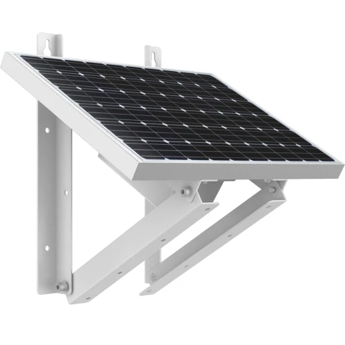 Zdjęcie przedstawia kamerę obrotową zintegrowaną z panelem słonecznym, zamontowaną na białym uchwycie ściennym. Panel słoneczny jest ustawiony pod kątem, co umożliwia optymalne ładowanie energią słoneczną.