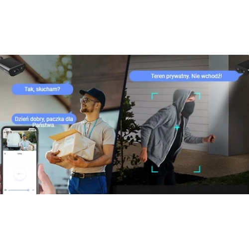 Zdjęcie przedstawia podzielony ekran, na którym po lewej stronie widać kuriera z paczką, rozmawiającego przez smartfon z aplikacją do monitoringu. Po prawej stronie znajduje się osoba w kapturze, oświetlona reflektorem, z napisem "Teren prywatny. Nie wchodź!".