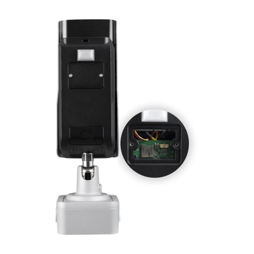 Zdjęcie przedstawia kamerę tubową BCS-L-TIP74VSR z widokiem na jej tylną część oraz zbliżeniem na wnętrze obudowy. Kamera jest zamontowana na białej podstawie, a obok znajduje się okrągłe zbliżenie ukazujące szczegóły elektroniki wewnętrznej.