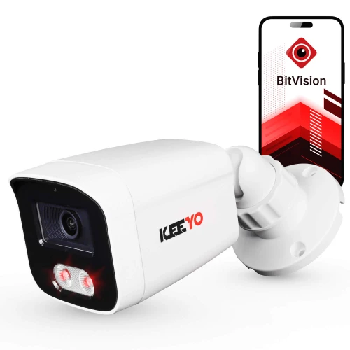 Biała kamera tubowa IP marki Keeyo z czarnym frontem i logo, obok której widoczny jest smartfon z aplikacją BitVision. Kamera ma nowoczesny design i jest przeznaczona do monitoringu.