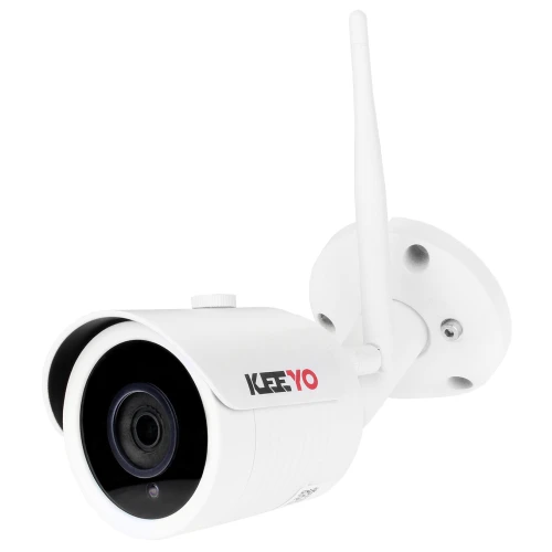 Bezprzewodowa kamera sieciowa IP LV-IP24W-V 2Mpx WiFi KEEYO w białej obudowie z widocznym obiektywem i anteną do łączności bezprzewodowej. Kamera tubowa przeznaczona do monitoringu zewnętrznego, wyposażona w uchwyt montażowy.