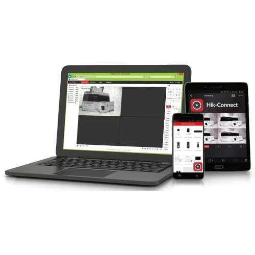 Na zdjęciu widoczny jest laptop oraz dwa smartfony, na których ekranach wyświetlane są aplikacje do monitoringu wideo, związane z kamerą WiFi IP IPC-C120-D. Urządzenia pokazują interfejsy aplikacji Hik-Connect, umożliwiające zdalny podgląd z kamery.