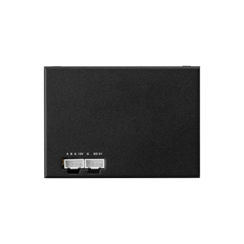 Czarny konwerter sygnału RS485 z widocznymi złączami na dolnej krawędzi. Urządzenie ma prostokątny kształt i gładką powierzchnię.