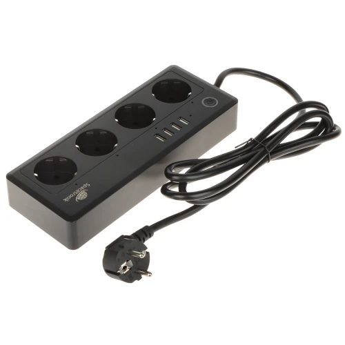 Czarna listwa zasilająca z czterema gniazdami i czterema portami USB, wyposażona w funkcję Wi-Fi Tuya Smart. Posiada przewód z wtyczką o długości 1,5 metra.