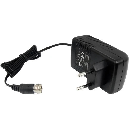 Na zdjęciu znajduje się zasilacz do multiswitcha Opticum OMS z wtyczką sieciową i kablem zakończonym złączem F. Produkt Opticum OMS jest przeznaczony do zasilania urządzeń multiswitch.