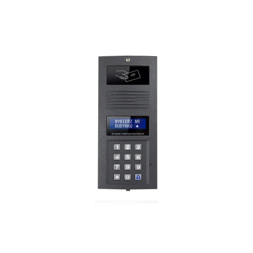 Na zdjęciu znajduje się panel domofonowy z klawiaturą numeryczną i wyświetlaczem LCD. Panel ma ciemnoszary kolor i jest wyposażony w czytnik kart zbliżeniowych.