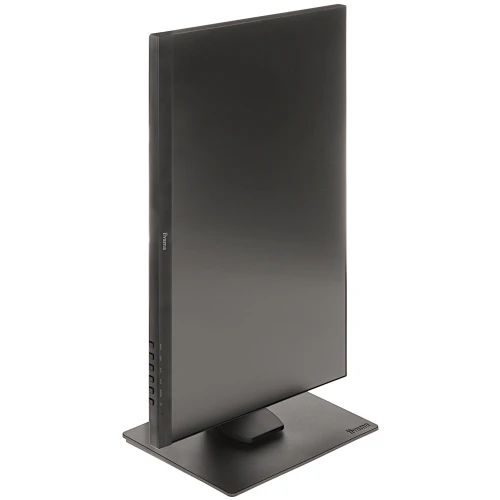 Podstawka monitora umożliwiająca zmianę pozycji ekranu z poziomej do pionowej, wykonana z czarnego materiału. Produkt ma minimalistyczny design i stabilną podstawę.