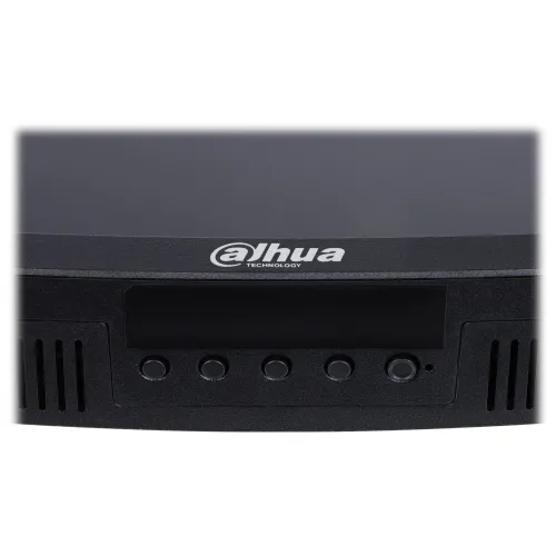 Czarny panel sterujący z logo "Dahua Technology" na górze, wyposażony w pięć okrągłych przycisków. Panel ma prostokątny wyświetlacz i otwory wentylacyjne po bokach.