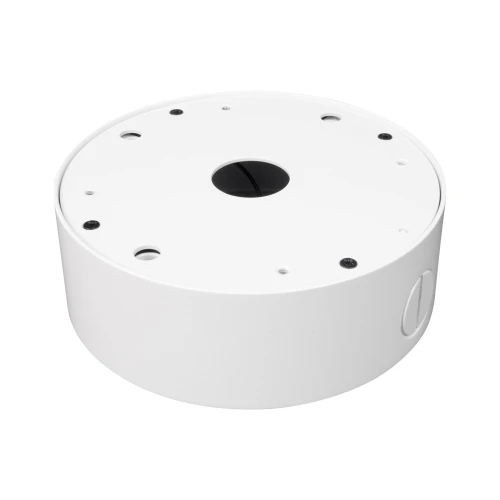 Biała, okrągła puszka montażowa do kamer z kilkoma otworami na powierzchni. Puszka ma gładką powierzchnię i centralny otwór na przewody.
