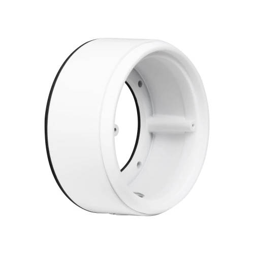 Biała, cylindryczna puszka montażowa do kamer z kilkoma otworami na śruby. Puszka ma gładką powierzchnię i jest przeznaczona do montażu na ścianie lub suficie.