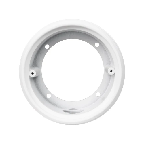 Biała, okrągła puszka montażowa do kamer z czterema otworami montażowymi. Wykonana z tworzywa sztucznego, przeznaczona do instalacji kamer monitoringu.