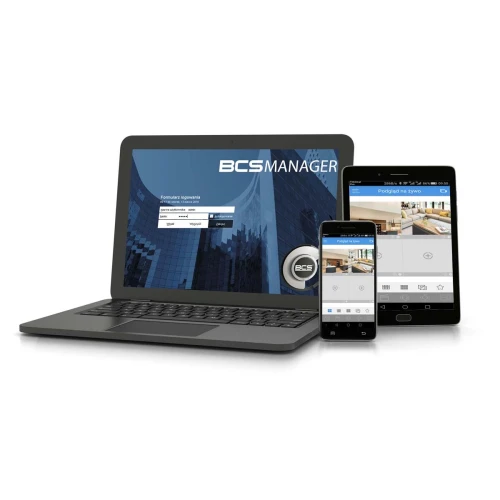 Zdjęcie przedstawia cyfrowy rejestrator hybrydowy BCS-XVR0801-III z widocznymi portami i przyciskami na przednim panelu. Urządzenie jest umieszczone na białym tle, co podkreśla jego czarną obudowę.