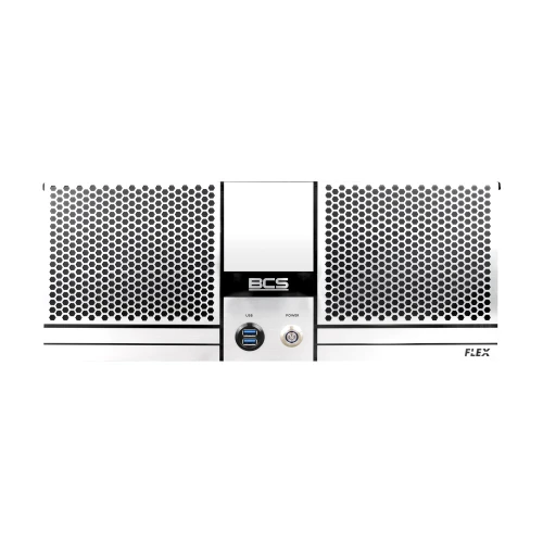 Rejestrator IP BCS F-NVR3508 z widocznymi portami USB i przyciskiem zasilania na przednim panelu. Obudowa urządzenia jest biała z perforowanymi otworami wentylacyjnymi po bokach.